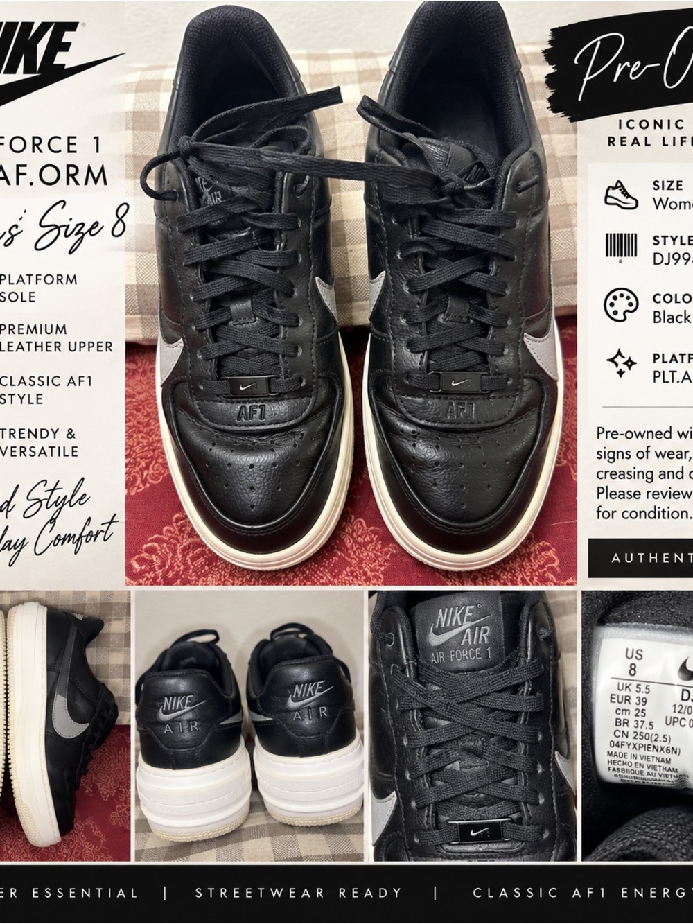 Nike Women's Black Air Force 1 AF1 PLT.AF.ORM SIZE 8